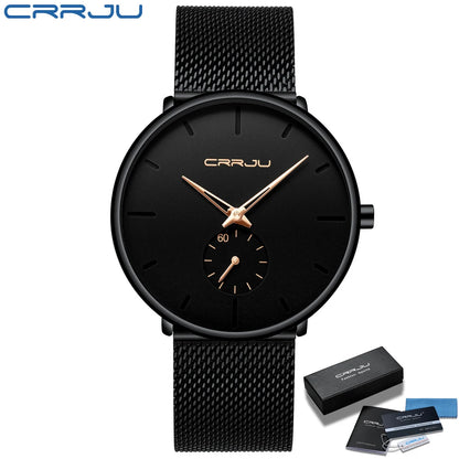 Relógio para homem CRRJU – Relógio de quartzo de luxo, estilo descontraído, fino, com bracelete em malha de aço, estanque e desportivo.