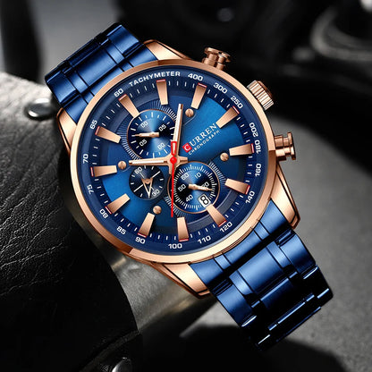 Curren Men's Watch Top Luxury Brand Big Dial Blue Quartz Men Watches Chronograph Sport Wristwatch Man Stainless Steel Date Clock