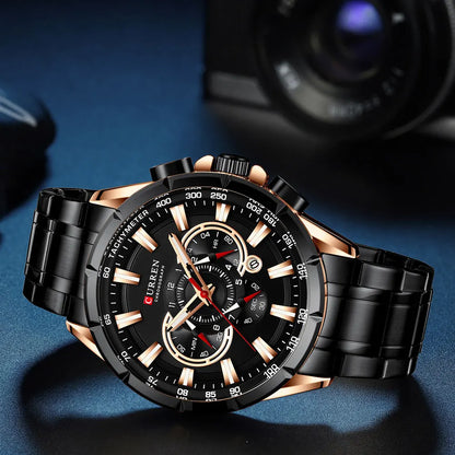 CURREN Business Herren-Armbanduhr, Luxusmarke, Edelstahl-Armbanduhr, Chronograph, Army Military Quarzuhren