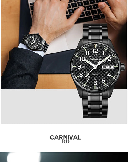 Orologio da uomo CARNIVAL Luxury Brand 8638 al quarzo, lancette luminose, impermeabile, in solido acciaio inossidabile