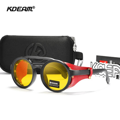 KDEAM Ochelari de soare rotunzi vintage pentru bărbați și femei, din piele, cu design tip „shield” și punte dublă, model KD179