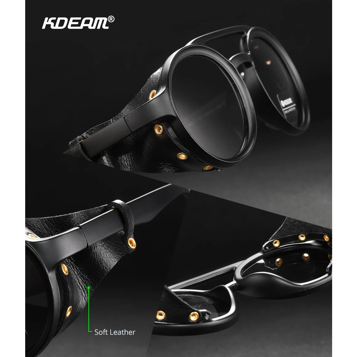 KDEAM Ochelari de soare rotunzi vintage pentru bărbați și femei, din piele, cu design tip „shield” și punte dublă, model KD179
