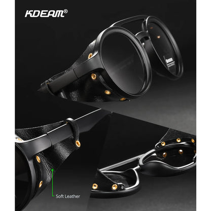 KDEAM Ochelari de soare rotunzi vintage pentru bărbați și femei, din piele, cu design tip „shield” și punte dublă, model KD179