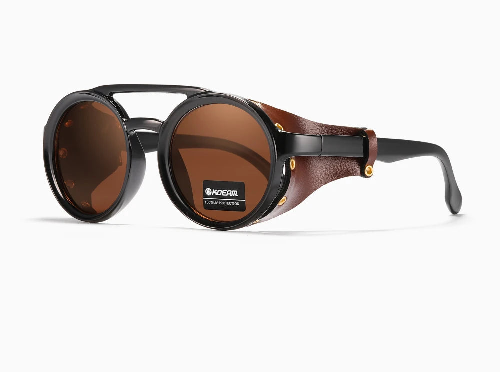 KDEAM Ochelari de soare rotunzi vintage pentru bărbați și femei, din piele, cu design tip „shield” și punte dublă, model KD179