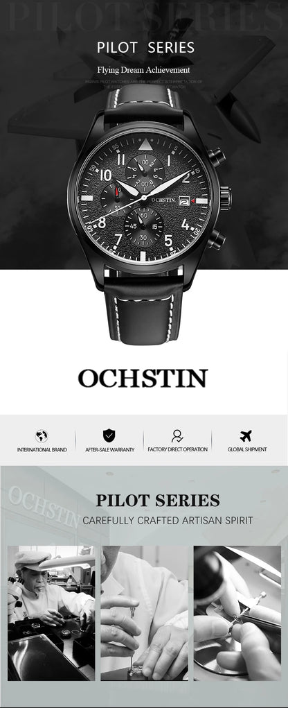 OCHSTIN Mens Watches Quartz Chronograph Men Watch Pilot Sport Male Fashion Wristwatch Top Brand Luxury Leather Waterproof Clock