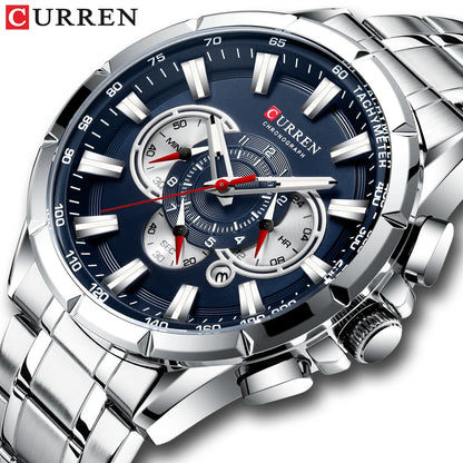 CURREN Business Herren-Armbanduhr, Luxusmarke, Edelstahl-Armbanduhr, Chronograph, Army Military Quarzuhren