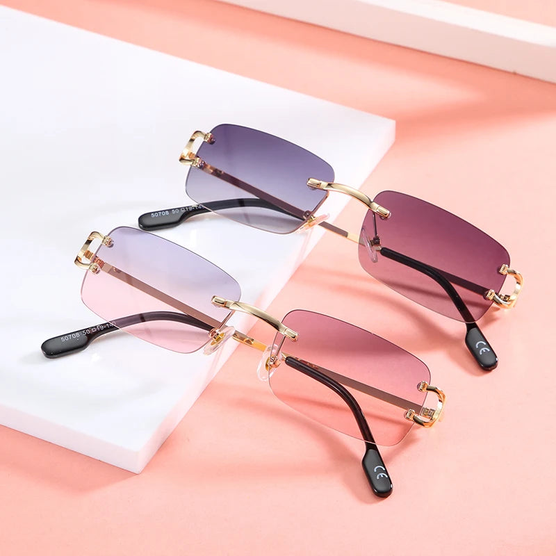 Ochelari de soare retro Kachawoo, dreptunghiulari, fără ramă, pentru bărbați și femei, UV400, mici, la modă, albastru, roz, auriu, metalici, cadouri de ziua de naștere