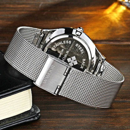 WWOOR Silver Men Watches with Mesh Steel Top Brand Luxury Ultra Thin Quartz Waterproof Date Business Wristwatch Box Montre Homme