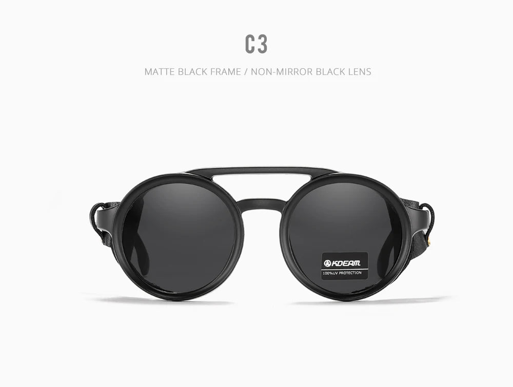 KDEAM Ochelari de soare rotunzi vintage pentru bărbați și femei, din piele, cu design tip „shield” și punte dublă, model KD179