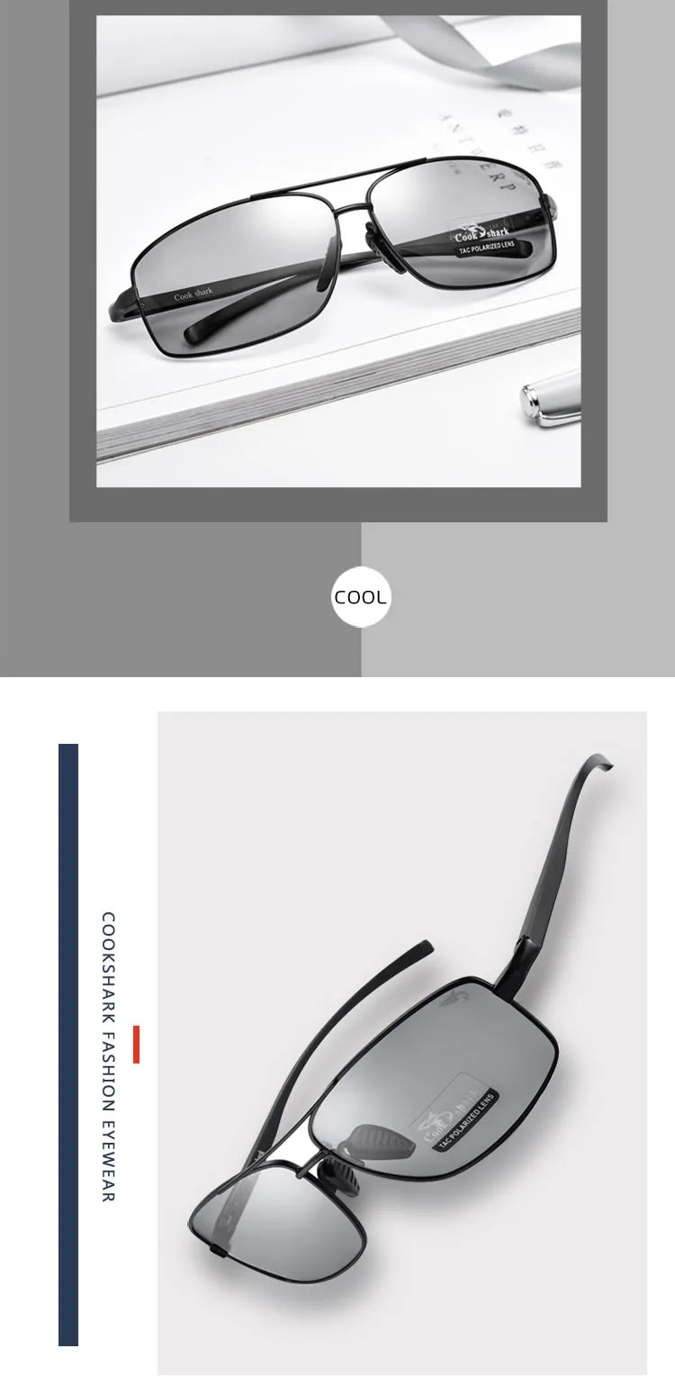 Cook Shark Ochelari de soare cu schimbare de culoare, model nou, pentru bărbați, cu polarizare Tidal, oglindă pentru șofer, ochelari de conducere cu vedere nocturnă