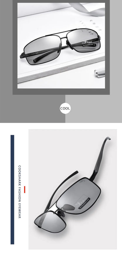 Cook Shark Ochelari de soare cu schimbare de culoare, model nou, pentru bărbați, cu polarizare Tidal, oglindă pentru șofer, ochelari de conducere cu vedere nocturnă
