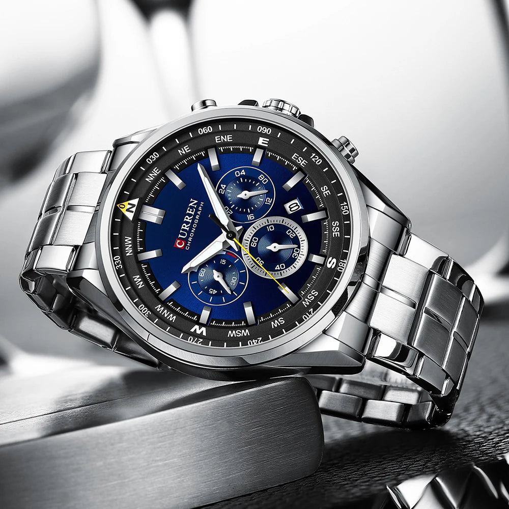 Herrenuhr CURREN – Trendige Uhr einer bekannten Marke, Luxusmodell, wasserdicht, aus Edelstahl, sportlicher Stil, Quarz-Chronograph