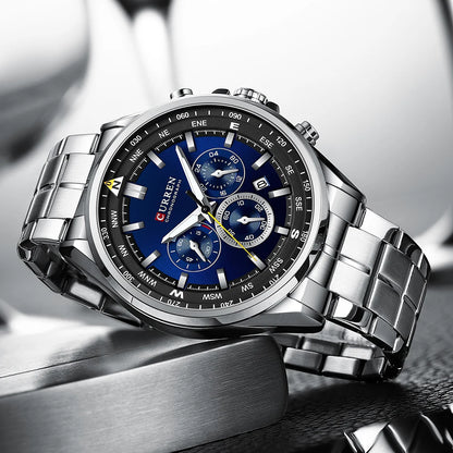 Herrenuhr CURREN – Trendige Uhr einer bekannten Marke, Luxusmodell, wasserdicht, aus Edelstahl, sportlicher Stil, Quarz-Chronograph