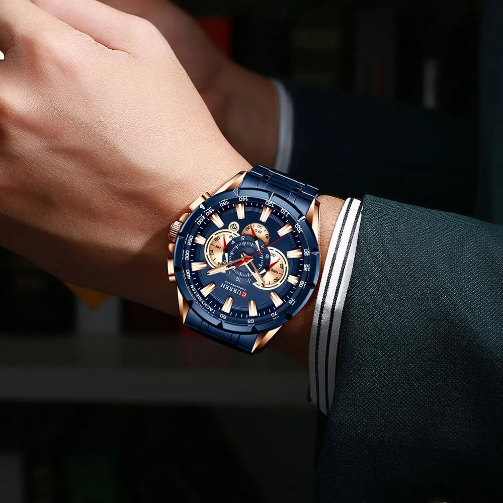 CURREN Business Herren-Armbanduhr, Luxusmarke, Edelstahl-Armbanduhr, Chronograph, Army Military Quarzuhren