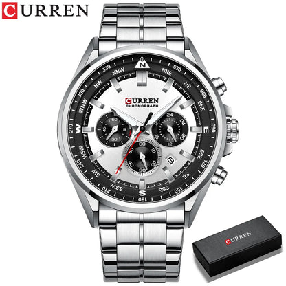 Herrenuhr CURREN – Trendige Uhr einer bekannten Marke, Luxusmodell, wasserdicht, aus Edelstahl, sportlicher Stil, Quarz-Chronograph