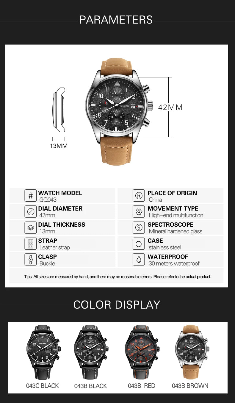 OCHSTIN Mens Watches Quartz Chronograph Men Watch Pilot Sport Male Fashion Wristwatch Top Brand Luxury Leather Waterproof Clock