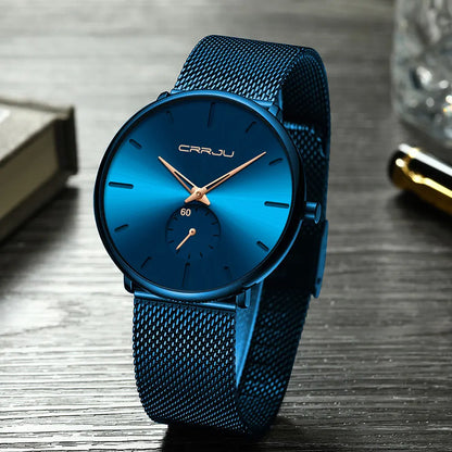 Relógio para homem CRRJU – Relógio de quartzo de luxo, estilo descontraído, fino, com bracelete em malha de aço, estanque e desportivo.