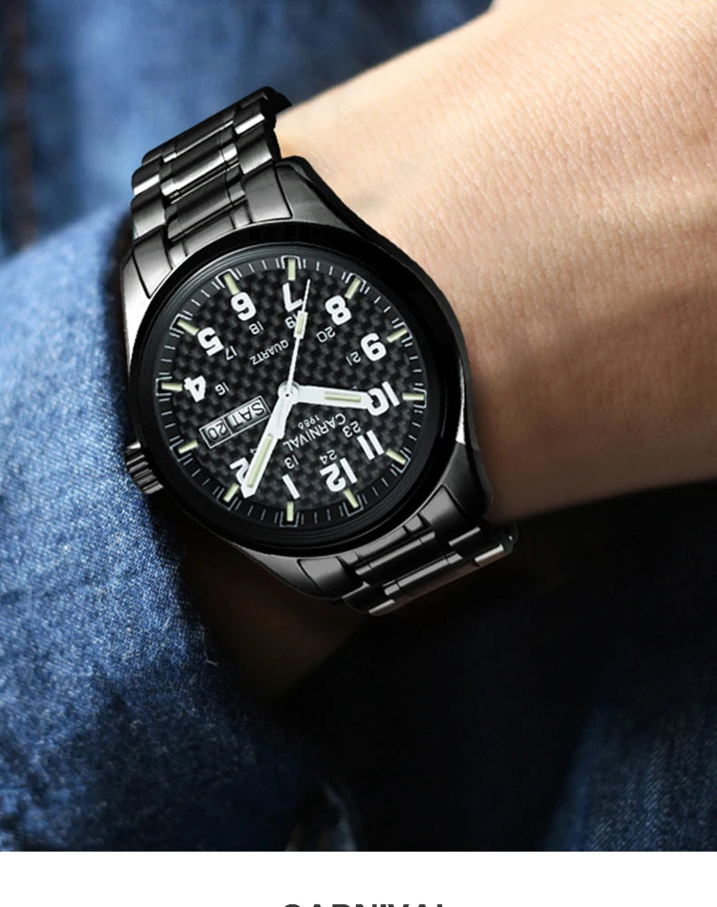 Orologio da uomo CARNIVAL Luxury Brand 8638 al quarzo, lancette luminose, impermeabile, in solido acciaio inossidabile