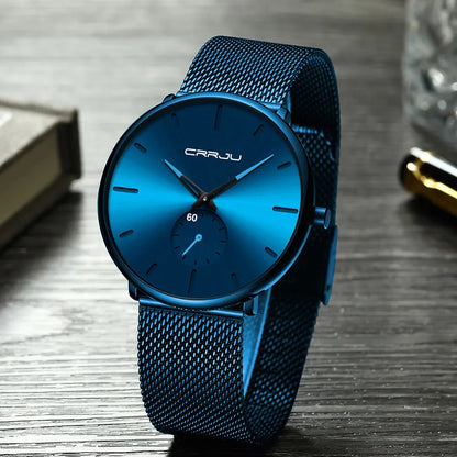 Relógio para homem CRRJU – Relógio de quartzo de luxo, estilo descontraído, fino, com bracelete em malha de aço, estanque e desportivo.