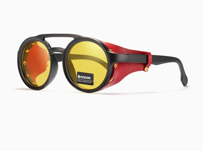 KDEAM Ochelari de soare rotunzi vintage pentru bărbați și femei, din piele, cu design tip „shield” și punte dublă, model KD179