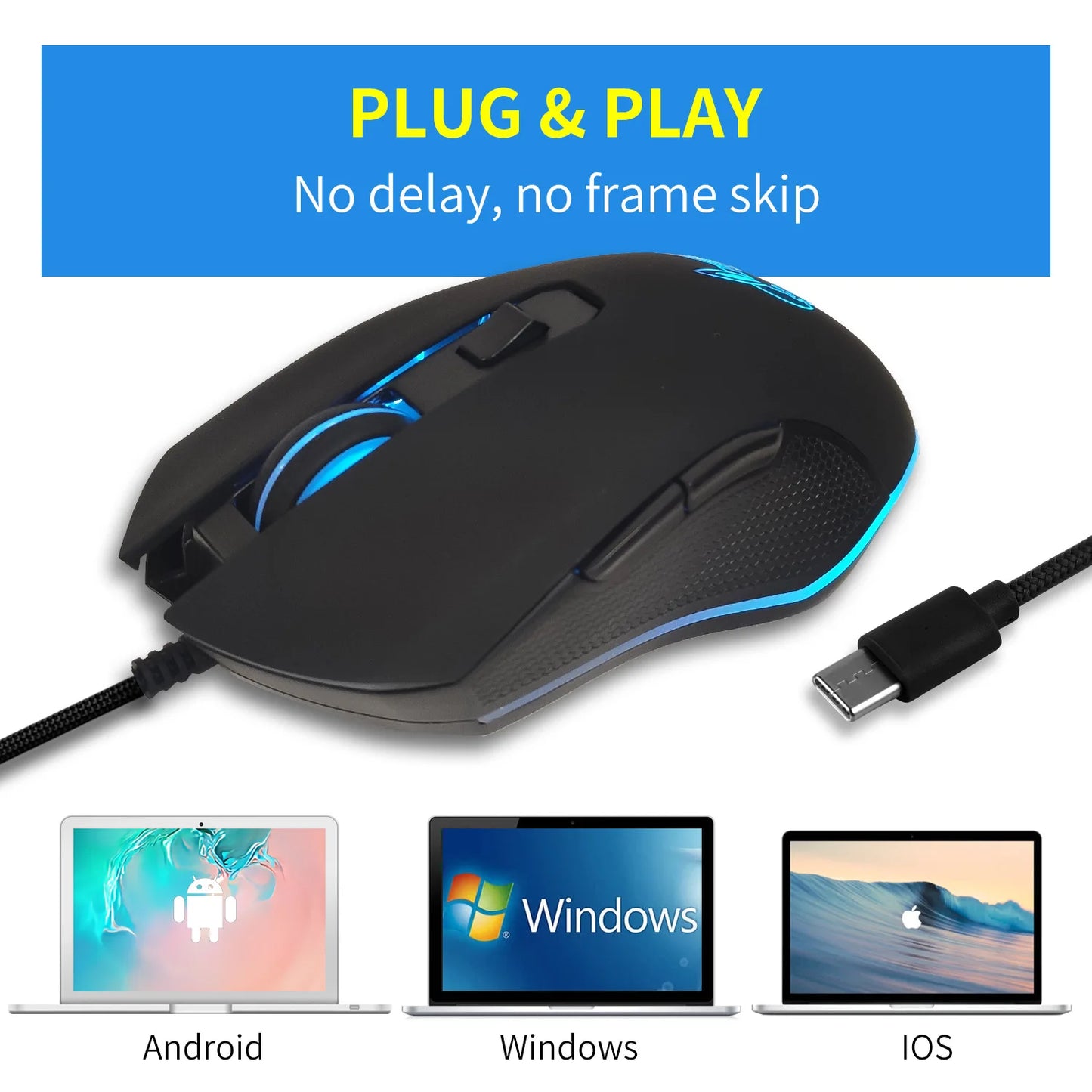 Цветна светеща мишка с USB-C и бутон за заглушаване за лаптоп с Type-C, геймърска мишка