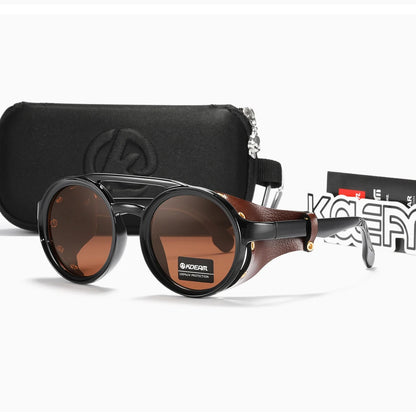 KDEAM Ochelari de soare rotunzi vintage pentru bărbați și femei, din piele, cu design tip „shield” și punte dublă, model KD179