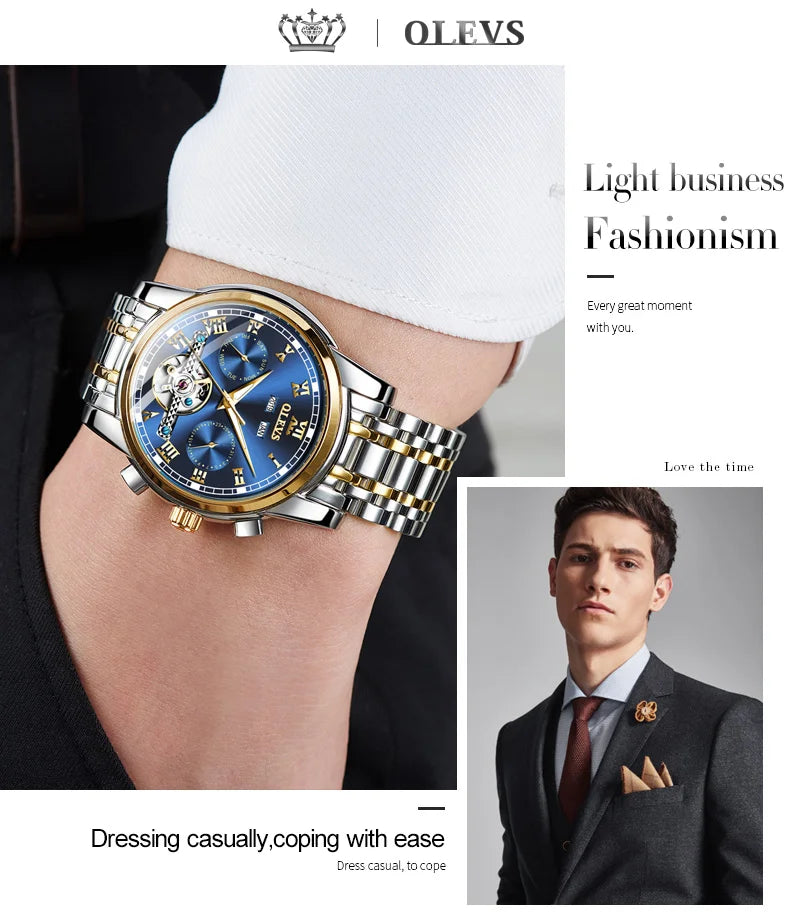 OLEVS Men's Watches Automatic Mechanical Business Wristwatch Waterproof Stainless Steel Strap Watch for Man Skeleton Calendar