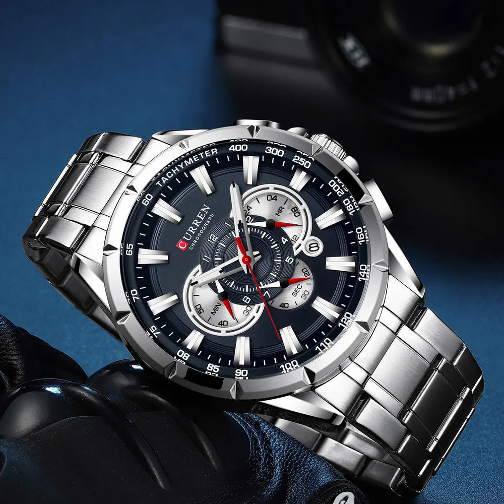 CURREN Business Herren-Armbanduhr, Luxusmarke, Edelstahl-Armbanduhr, Chronograph, Army Military Quarzuhren