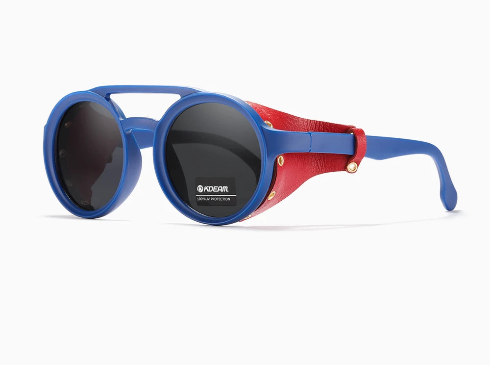 KDEAM Ochelari de soare rotunzi vintage pentru bărbați și femei, din piele, cu design tip „shield” și punte dublă, model KD179