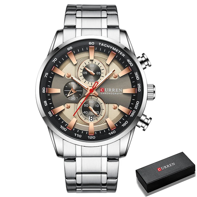 Curren Men's Watch Top Luxury Brand Big Dial Blue Quartz Men Watches Chronograph Sport Wristwatch Man Stainless Steel Date Clock