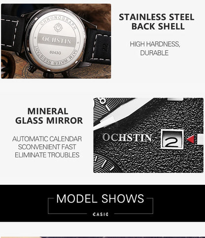OCHSTIN Mens Watches Quartz Chronograph Men Watch Pilot Sport Male Fashion Wristwatch Top Brand Luxury Leather Waterproof Clock
