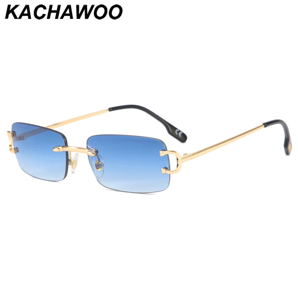 Ochelari de soare retro Kachawoo, dreptunghiulari, fără ramă, pentru bărbați și femei, UV400, mici, la modă, albastru, roz, auriu, metalici, cadouri de ziua de naștere