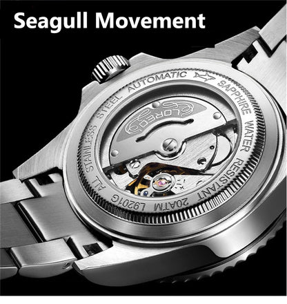 LOREO New Sapphire Glass Automatic Mechanical Watch Luxury Steel 200m Waterproof Business Watch Men Watches Reloj Hombre