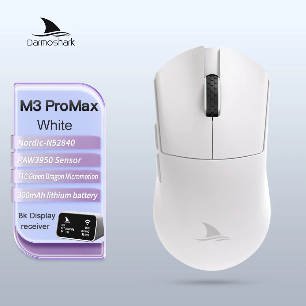 Herná myš Darmoshark M3Pro 2.4G BT bezdrôtová s trojitým režimom, snímačom PAW3395, N52840, 26000DPI, pre veľkú ruku, makro ovládač, myš na hranie