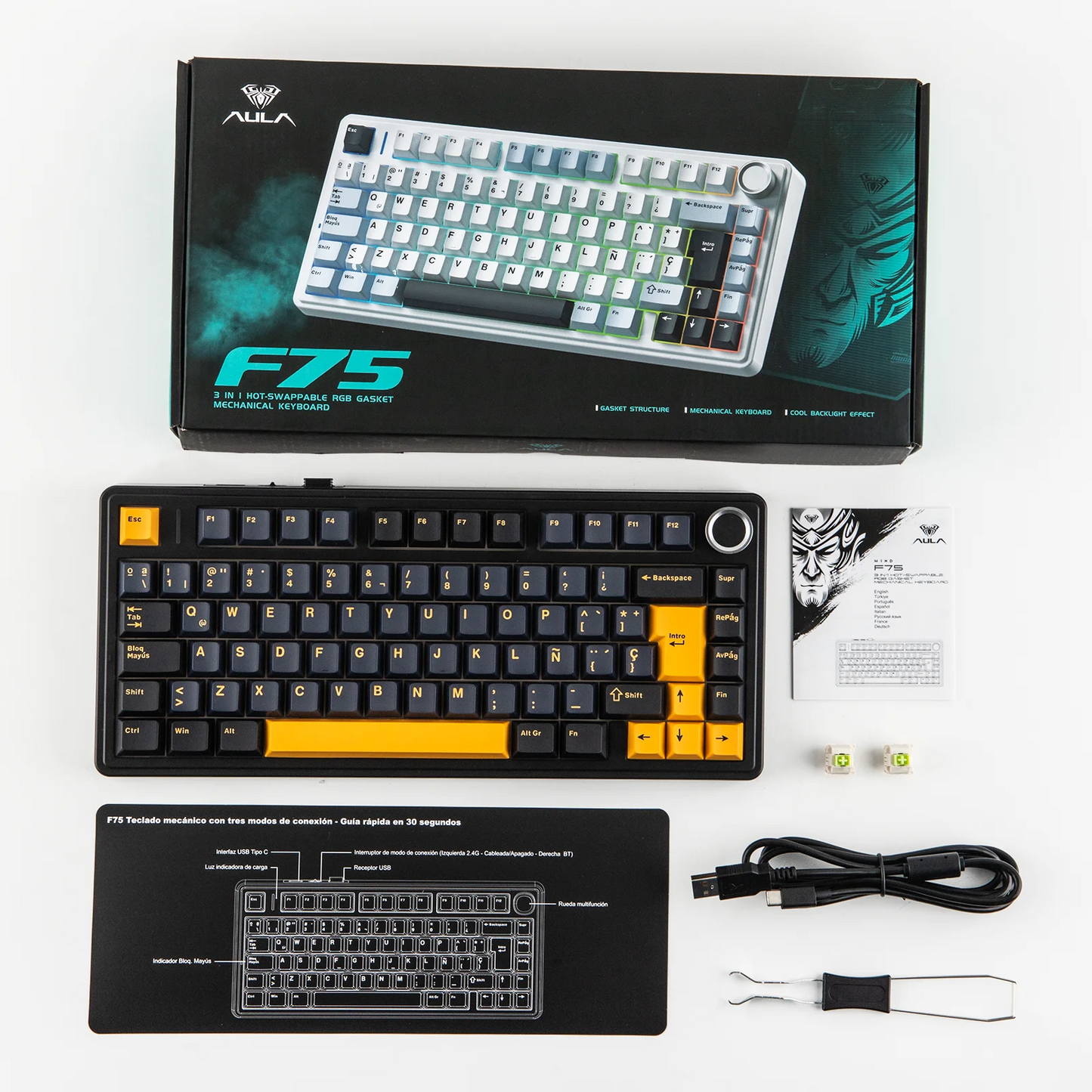 EPOMAKER AULA F75 ISO-ES 75% Spanische QWERTY Hot-Swap, Gasket-Mounted, kabelgebundene/Bluetooth/2.4GHz kabellose mechanische Gaming-Tastatur mit RGB-Hintergrundbeleuchtung