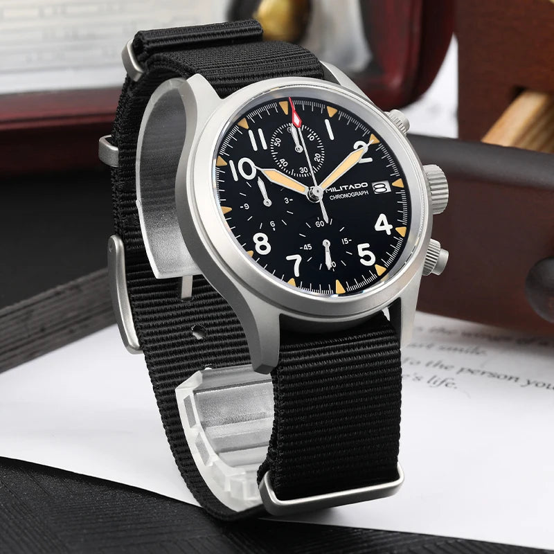 Militado ML1868KF Retro VK67 Quartz Chronograph Watch Stainless Steel Case 3 Dial Waterproof 100M  Multifunction Military Watch