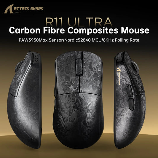 Attack Shark R11 Ultra 8K Carbon Fiber Gaming Mouse, PAW3950MAX Wireless Gaming Mouse, 49g Ultra-Lightweight Tri-Mode Gaming Mouse with 8000Hz Polling Rate