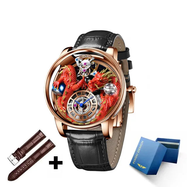 PINDU Fashion Roman Numeral Display Mineral Tempered Glass Material Quartz Movement 3ATM Waterproof Celestial Dragon Men's Watch