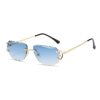 Ochelari de soare retro pentru femei, de marcă, de designer, fără ramă, ochelari de soare la modă, cu lentile tăiate neregulat, ochelari de vedere fără ramă pentru doamne