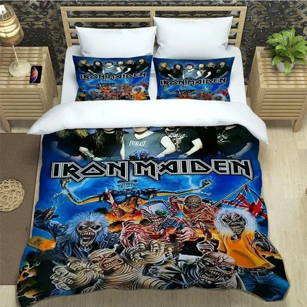 Set di biancheria da letto 3D Rock Band I-Iron-M-Maiden: raffinato set di biancheria da letto, composto da copripiumino, piumone e set completo, regalo di compleanno di lusso