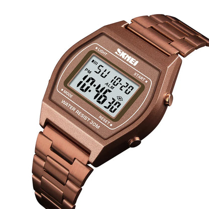 Skmei Unisex Digital Sport's Watches Stainless Steel Strap Led Waterproof 12/24 Hour Format Electronic Alarm Clock