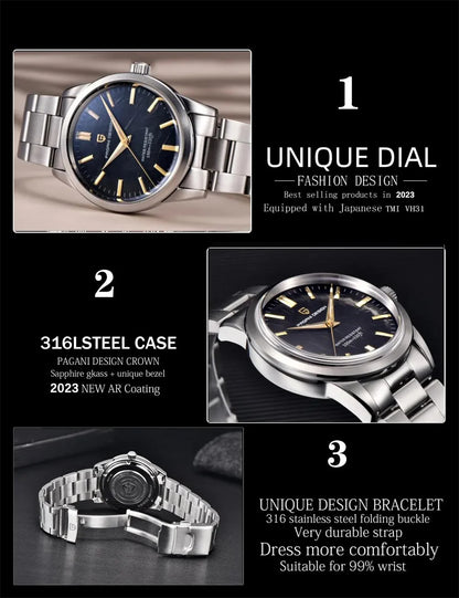 PAGANI DESIGN 40MM Men Quartz Watches Japan TMI VH31 Luxury Business Sapphire 316L Stainless Steel 100M Waterproof Watch For Men