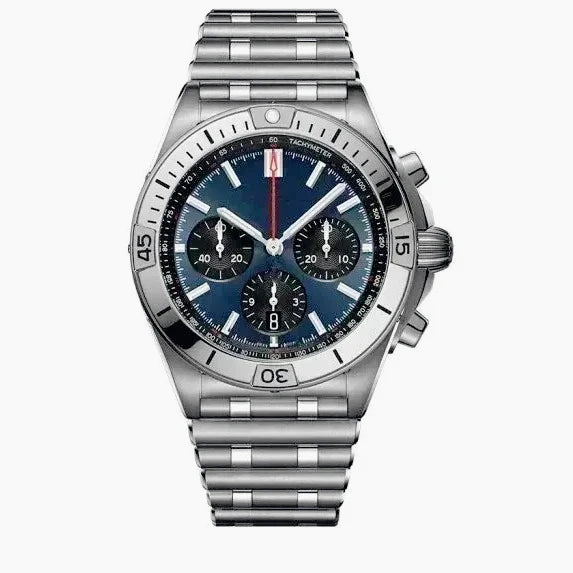 44mm Contemporary Luxury Male Quartz Watch High Accuracy Movement Date Window Chronograph Solid Stainless Steel Bracelet Casual