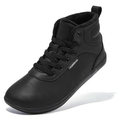HOBIBEAR Unisex-Barfußschuhe für den Winter, Damen und Herren, breite Zehenkappe, mit Kunstfell gefüttert, Knöchel-Sneaker, Schnürschuhe aus Kunstleder