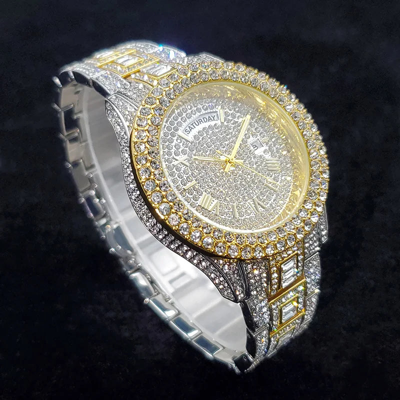 Luxury Diamond Watch for Men Fashion Bling Iced Out Day Date Watches Hip Hop Golden Stainless Steel Quartz Man Clock Hot Sale