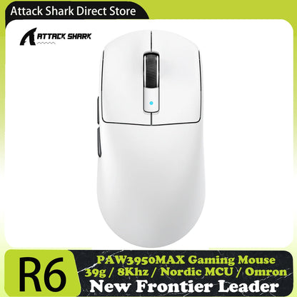Mysz gamingowa bezprzewodowa ATTACK SHARK R6 PAW3950MAX, próbkowanie 8Khz, ultralekka 39g, Nordic 52840 MCU, optyczne mikroprzełączniki Omron