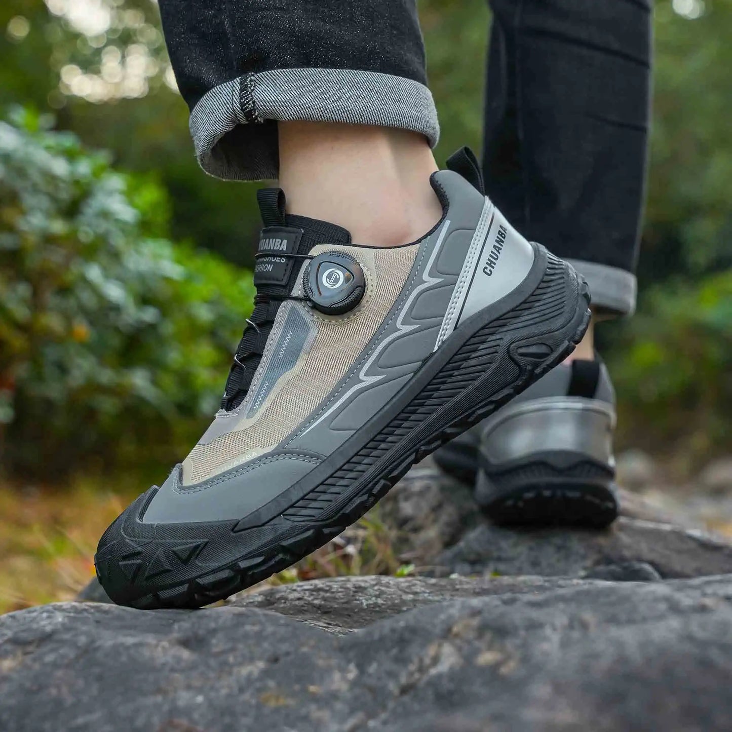 Men's Lightweight Casual Outdoor Running Shoes in Black, Grey, Khaki, Sizes 39-48, PU Material with Canvas
