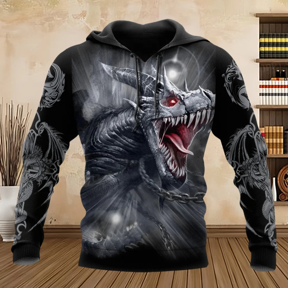 Sudadera con capucha unisex de manga larga para primavera y otoño, con estampado 3D de dragón estilo tatuaje, estilo streetwear casual para hombre