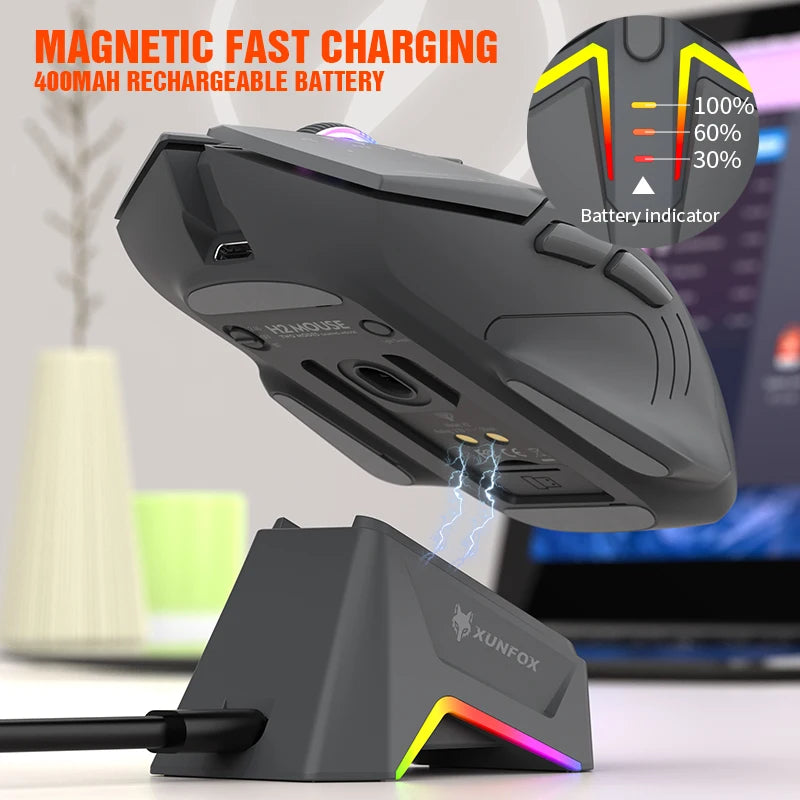 XUNSVFOX H2 Wireless Bluetooth Dual-Mode Mouse with RGB Lighting Effect for Laptop Gaming and Office, Magnetic Charging