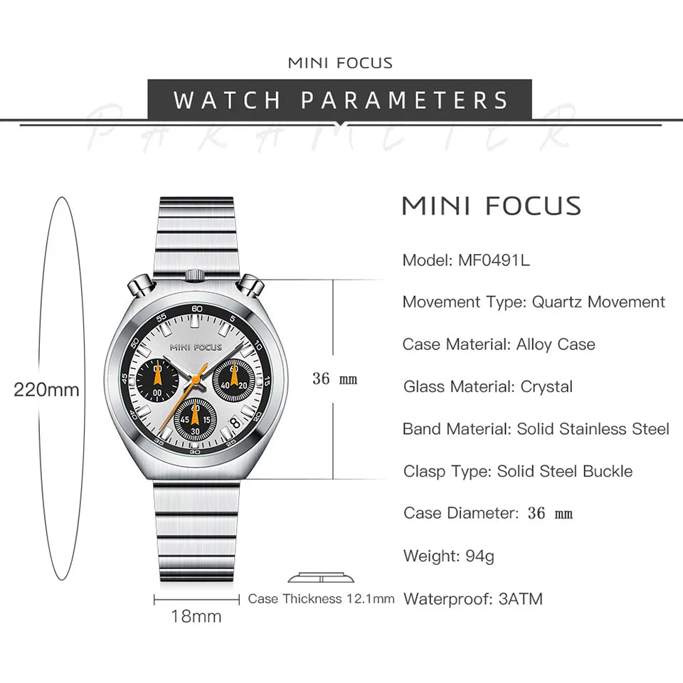 MINI FOCUS Women’s Luxury Quartz Watch – Stainless Steel Strap, Multifunction Dial & Luminous Design